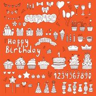 Hand drawn Birthday party elements on orange background