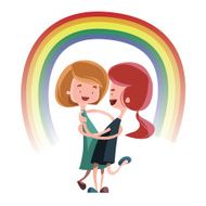 Friendship hug under rainbow vector illustration cartoon character