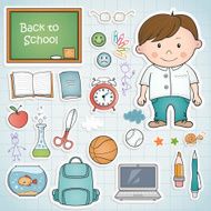 Set of different school items with a boy