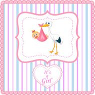 Cartoon stork with baby girl card N7