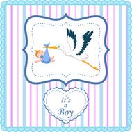 Cartoon stork with baby boy card N8