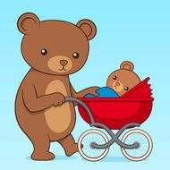 Mother bear pushing her cub in a buggy