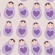Seamless pattern Russian dolls matryoshka purple background with hearts Vector
