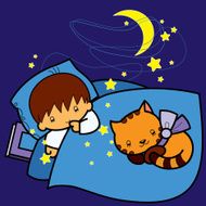 cartoon boy and cat sleeping in bed at night