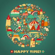 Children&#039;s round background with multi-colored houses Happy time
