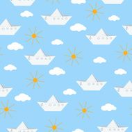 Paper Boats Clouds and Suns Seamless Background