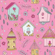 Cute Bird House Background - Seamless Pattern