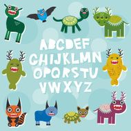 Funny monsters party card design alphabet from A to Z