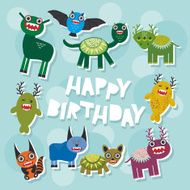 Happy birthday Funny monsters party card design Vector