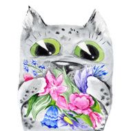 Watercolor cat with flowers