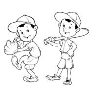 Baseball players outlined on a white background