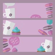banners with coffee cups macaroon and cupcakes