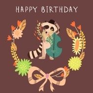 Cute childish card with Raccoon in vector Happy birthday invita