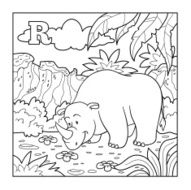 Coloring book (rhino) colorless alphabet for children letter R