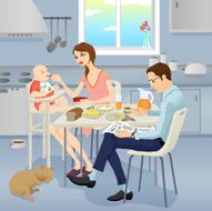 family having breakfast with baby and dog in the kitchen