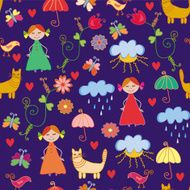 Funny dark seamless pattern with child cats rain and sun