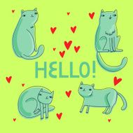set of doodle cartoons cat with hearts and &#039;&#039;hello&#039;&#039; text