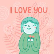 Cute cartoon card with girl and i love you text N4