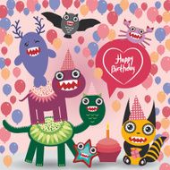 Happy birthday Funny monsters party card design Vector N2