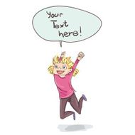 Happy successful girl jumping speech bubble blonde