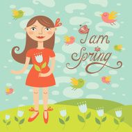 Spring girl with birds Greeting card