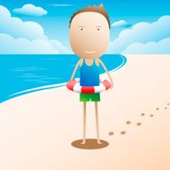 kid floating with inflatable ring on beach vector