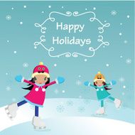 Winter landscape with cute Ice Skating girls