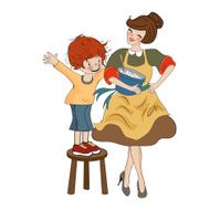 funny boy and his mother isolated on white backdround
