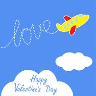 Cartoon helicopter Dash word LOVE in the sky Happy Valentines
