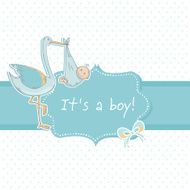 Cute baby boy announcement card with stork and child