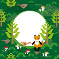 Fox background green forest with fir trees mushrooms birds vect