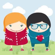 Boy and a girl cartoon characters Valentine day postcard