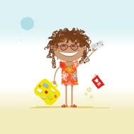 Happy tourist with tickets and suitcase for your design N2