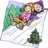 Two children sledging on a hill
