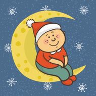 Baby is sitting on moon in Christmas cap