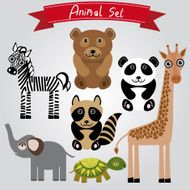 Vector animal set zebra turtle giraffe elephant panda bear raccoon