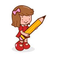 Little girl student holding a big pencil