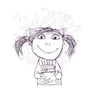 Funny girl sketch with birthday cake for your design