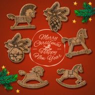 New Year vintage card with rocking toys horses
