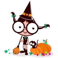 Little Halloween teenage witch sweeping pumpkin leaves