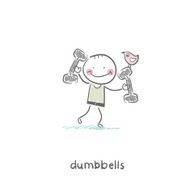 Cute child holding dumbbells with bird