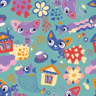 Children&#039;s seamless pattern with cats and fishes