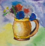Kid aquarelle drawing of a colorful bouquet