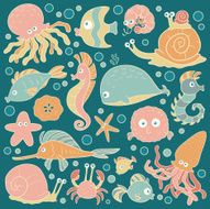 Set of vector ocean animals stickers fish N2