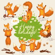 Happy holidays card with foxes in cartoon style