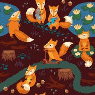 Seamless pattern with little cute foxes Cartoon background Vector illustration N2