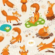 Seamless pattern with little cute foxes Vector illustration