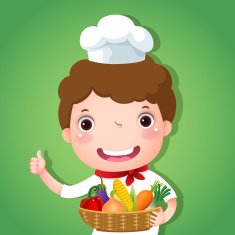 Smiling boy chef holding a basket of vegetables