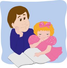 The father teaches the daughter to read