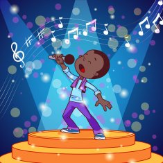 Cartoon African American boy singing with a microphone